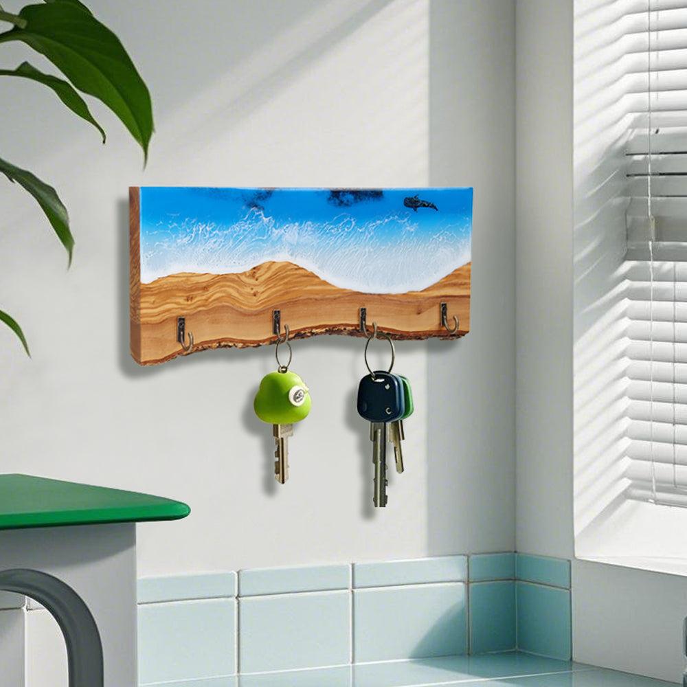 Ocean-themed resin art key holder with key hooks and sea turtle design