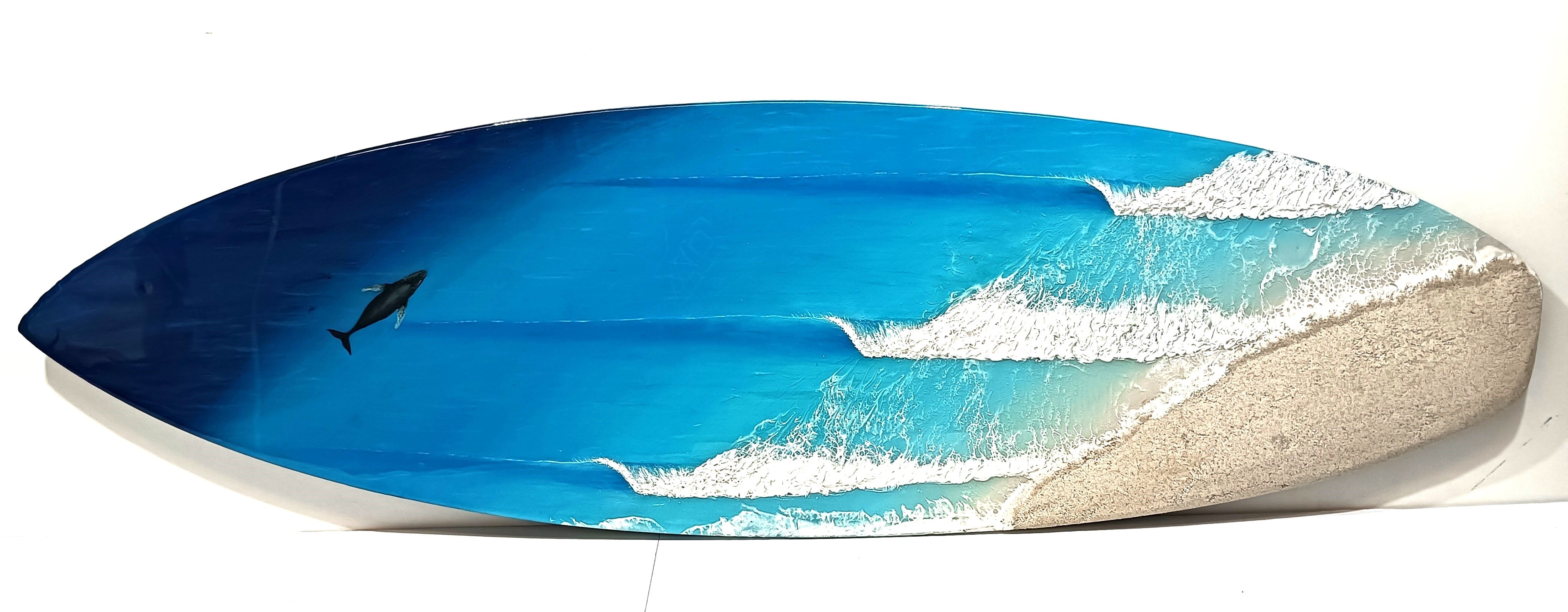 Surfboard wall art. peeling waves over a sandbank. hand painted waves and ocean .