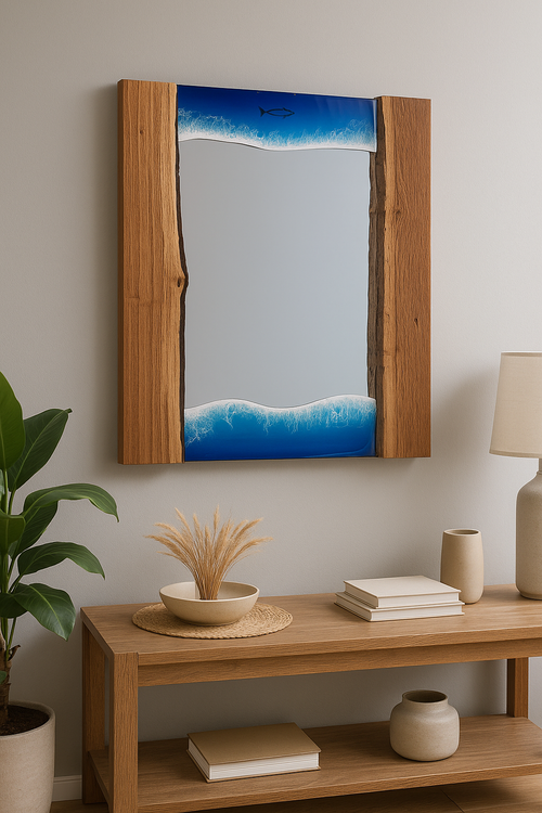 Mirror framed by ocean and wood