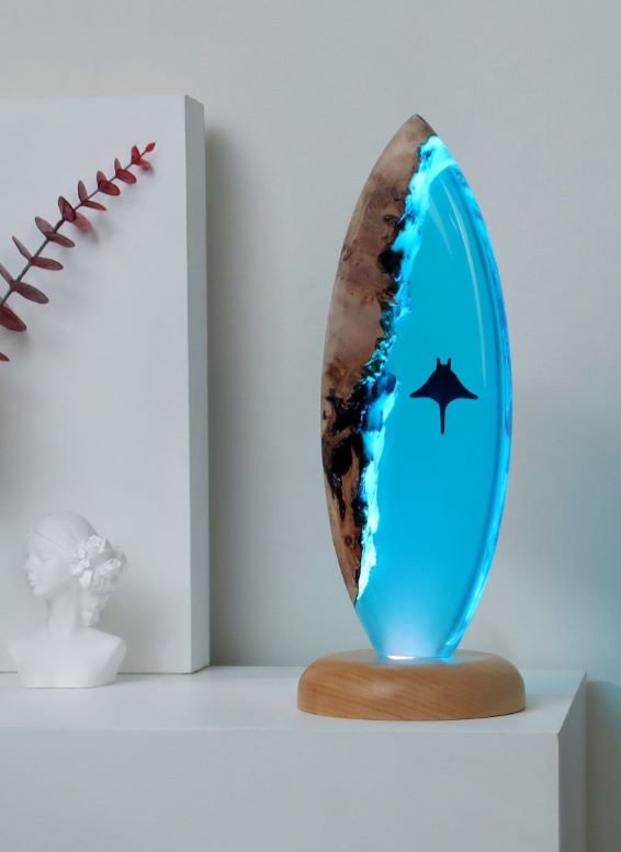 resin lamp, surfboard lamp, surfing trophy, surfboard art, ocean lamp, surfboard light