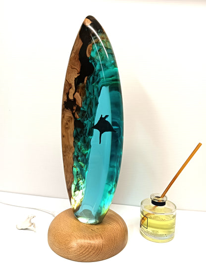 resin lamp, surfboard lamp, surfing trophy, surfboard art, ocean lamp, surfboard light