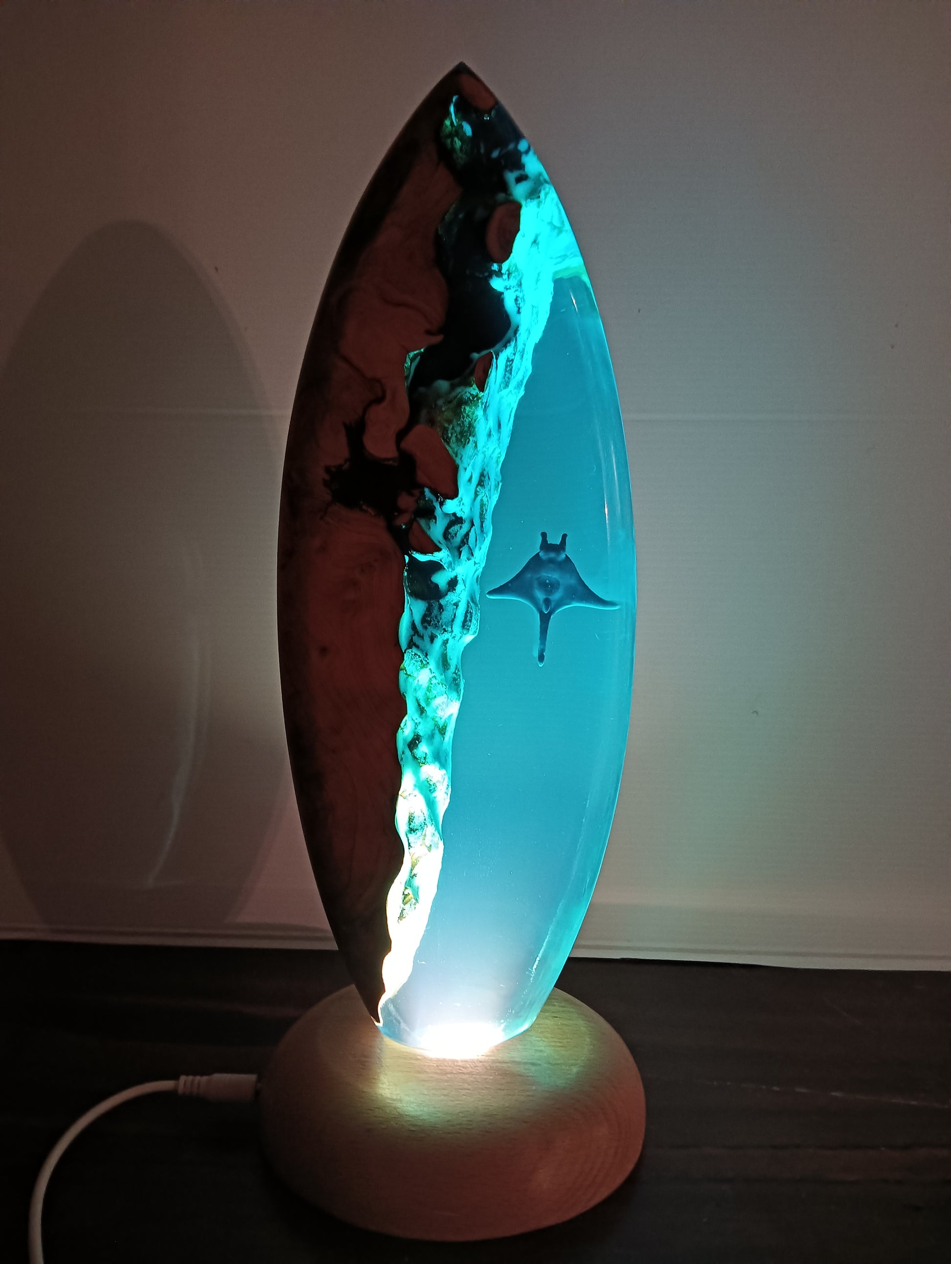 resin lamp, surfboard lamp, surfing trophy, surfboard art, ocean lamp, surfboard light